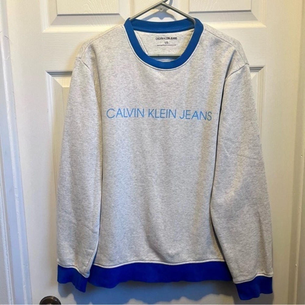 Calvin Klein Jeans Pull Sweater Large Women Gray Blue long sleeve spellout shirt